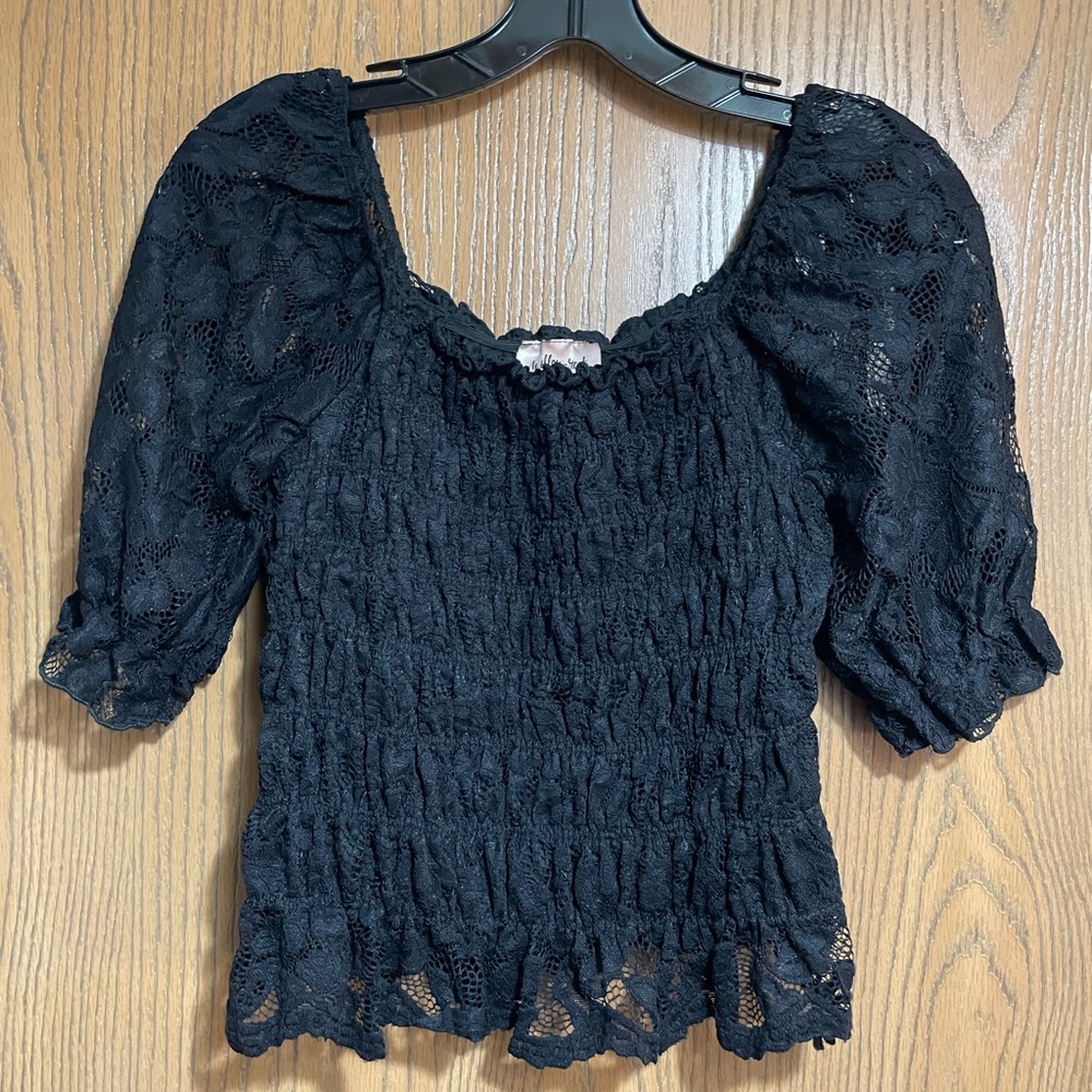 Black Lace Blouse with Puff Sleeves and Smocking